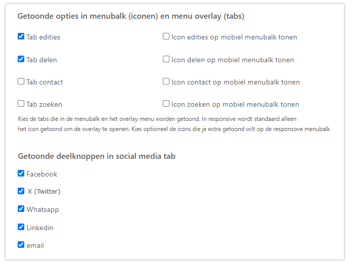 Editie-instellingen - tabs in menuoverlay