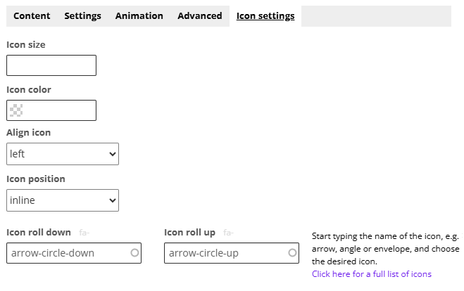 Text with fold-out - icon settings