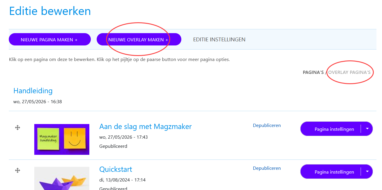 Editie overzicht - nieuwe overlay pagina maken