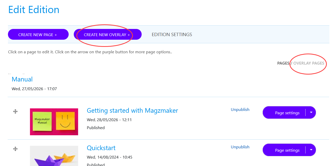 Edition overview - create new overlay page