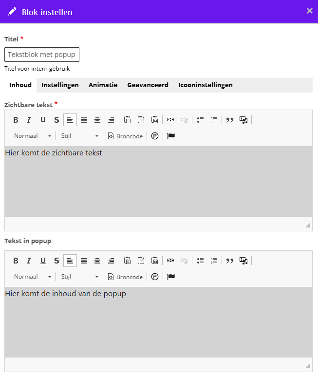 Edit scherm: tekst met popup