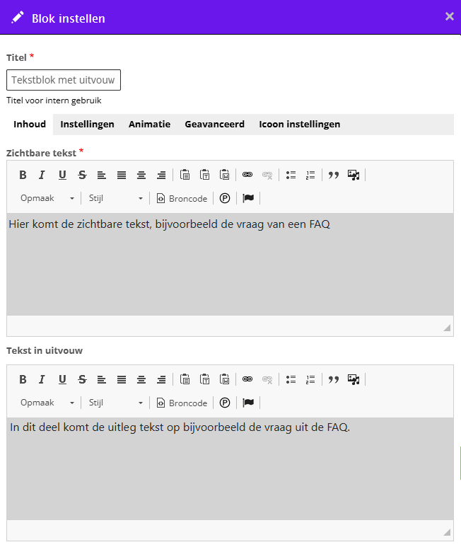 Edit scherm: teskt met uitvouw