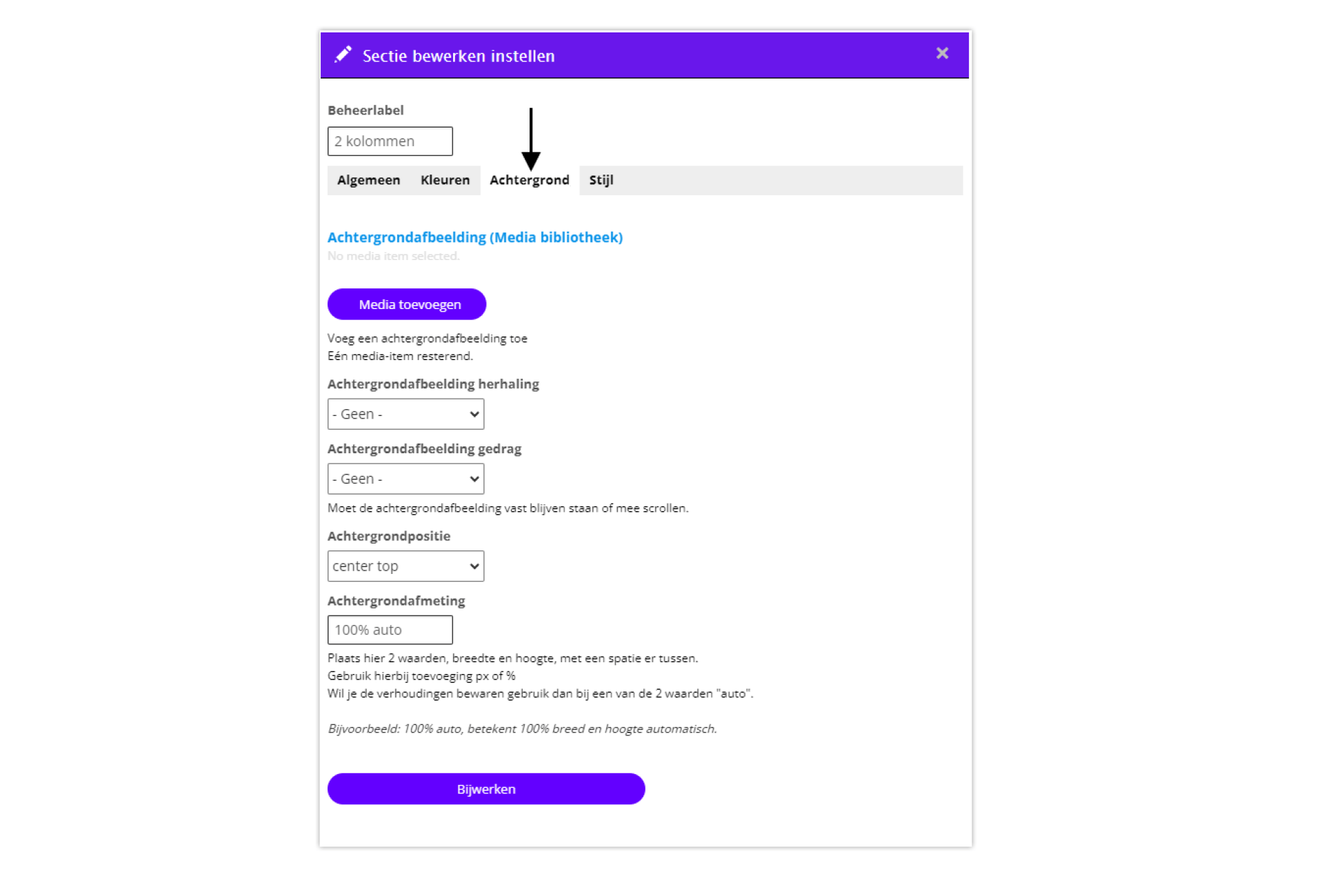 Sectie instellingen - tab Achtergrond