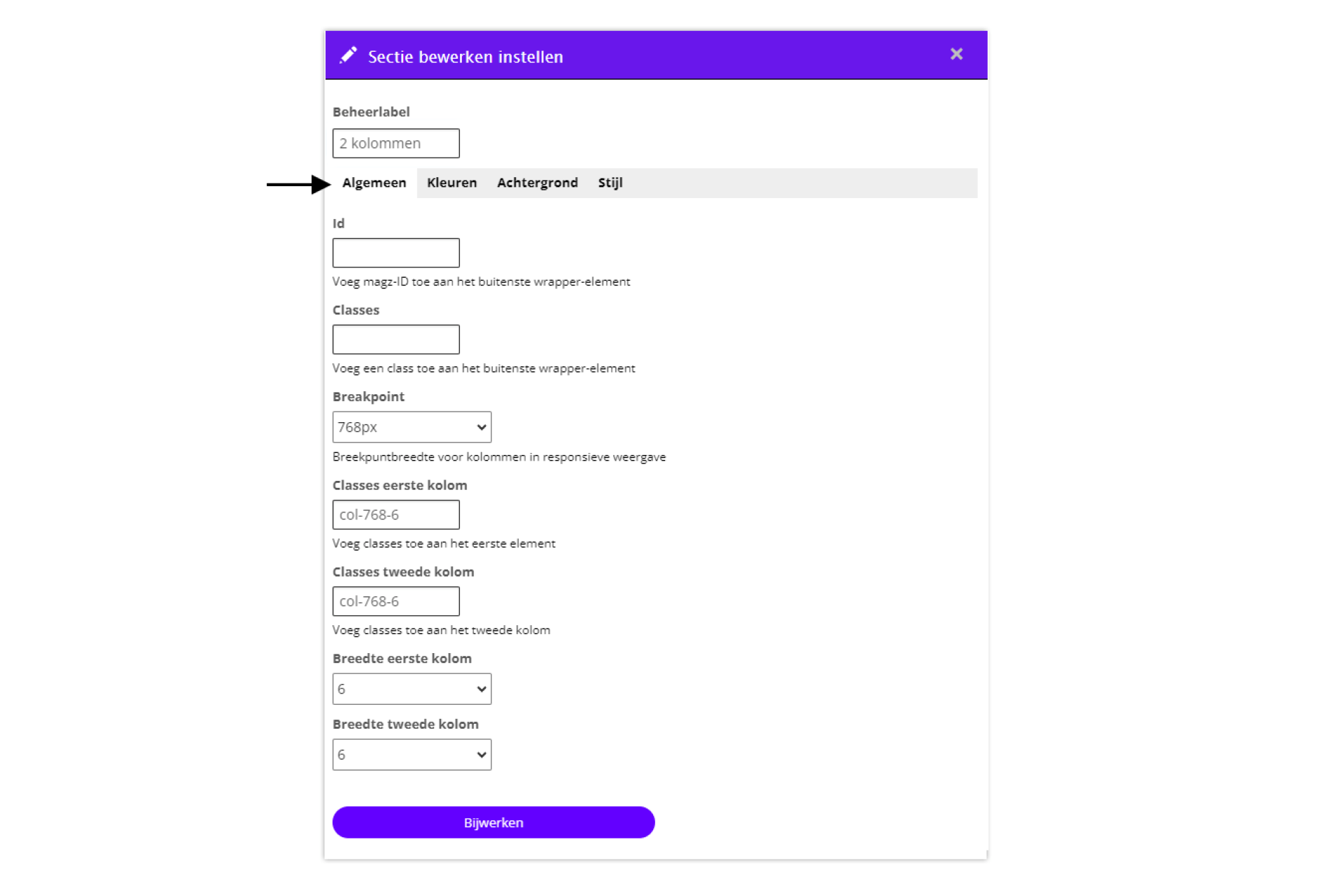 Sectie-instellingen tab - Algemeen