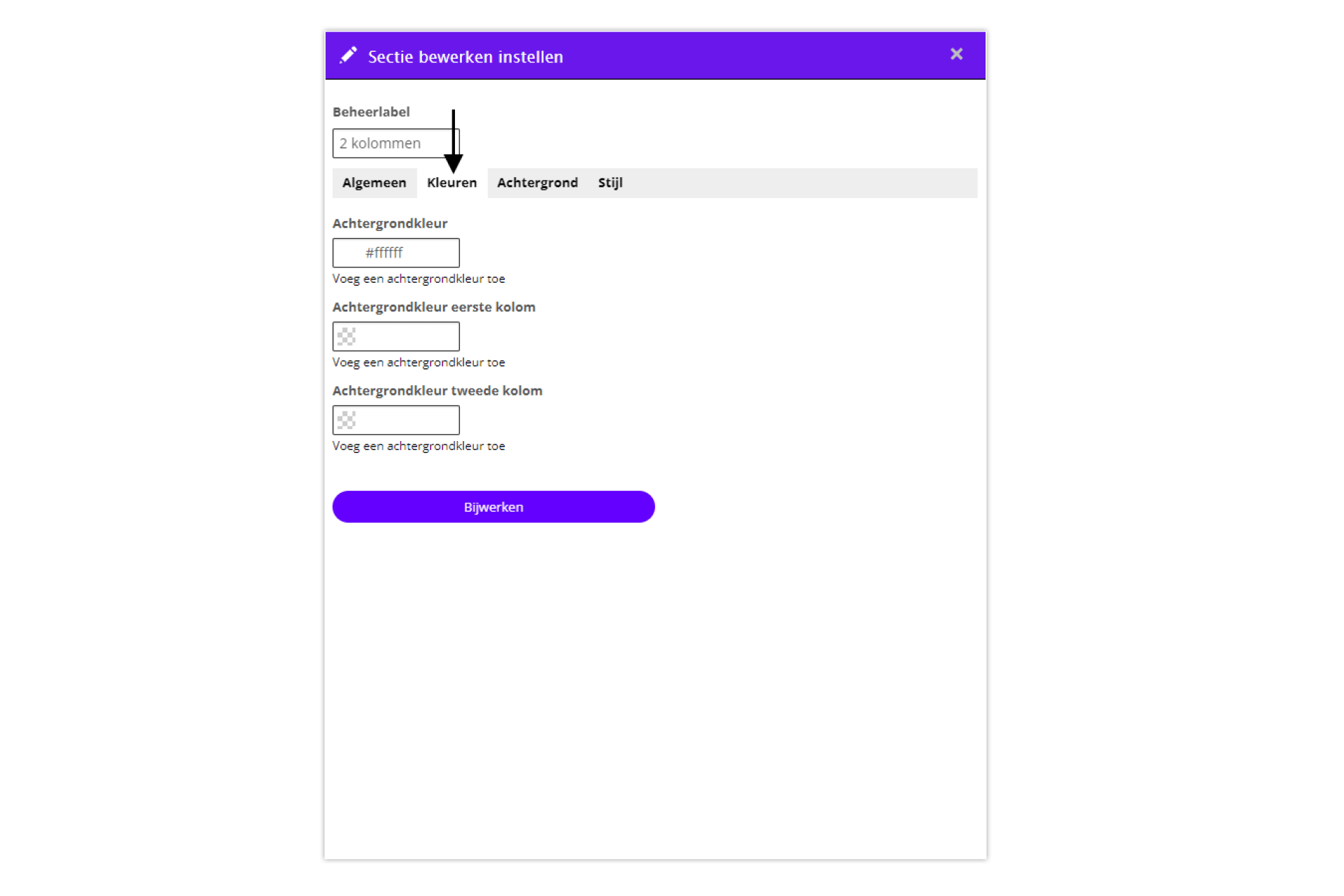 Sectie instellingen - tab Kleur