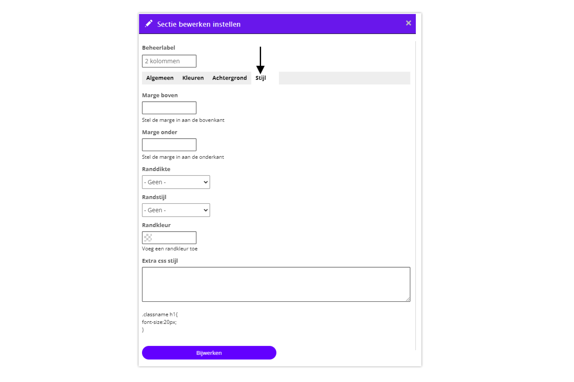 Sectie instellingen - tab Stijl