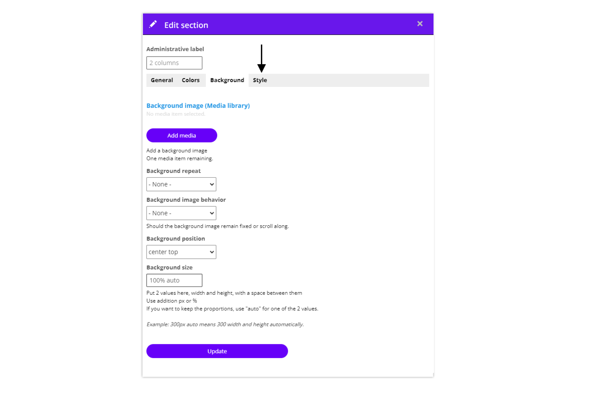 Section settings - tab Background