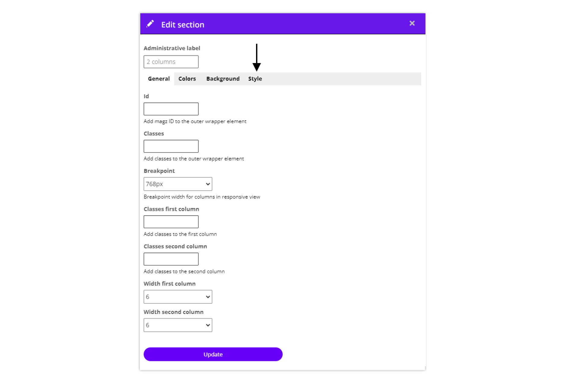 Section settings - tab General