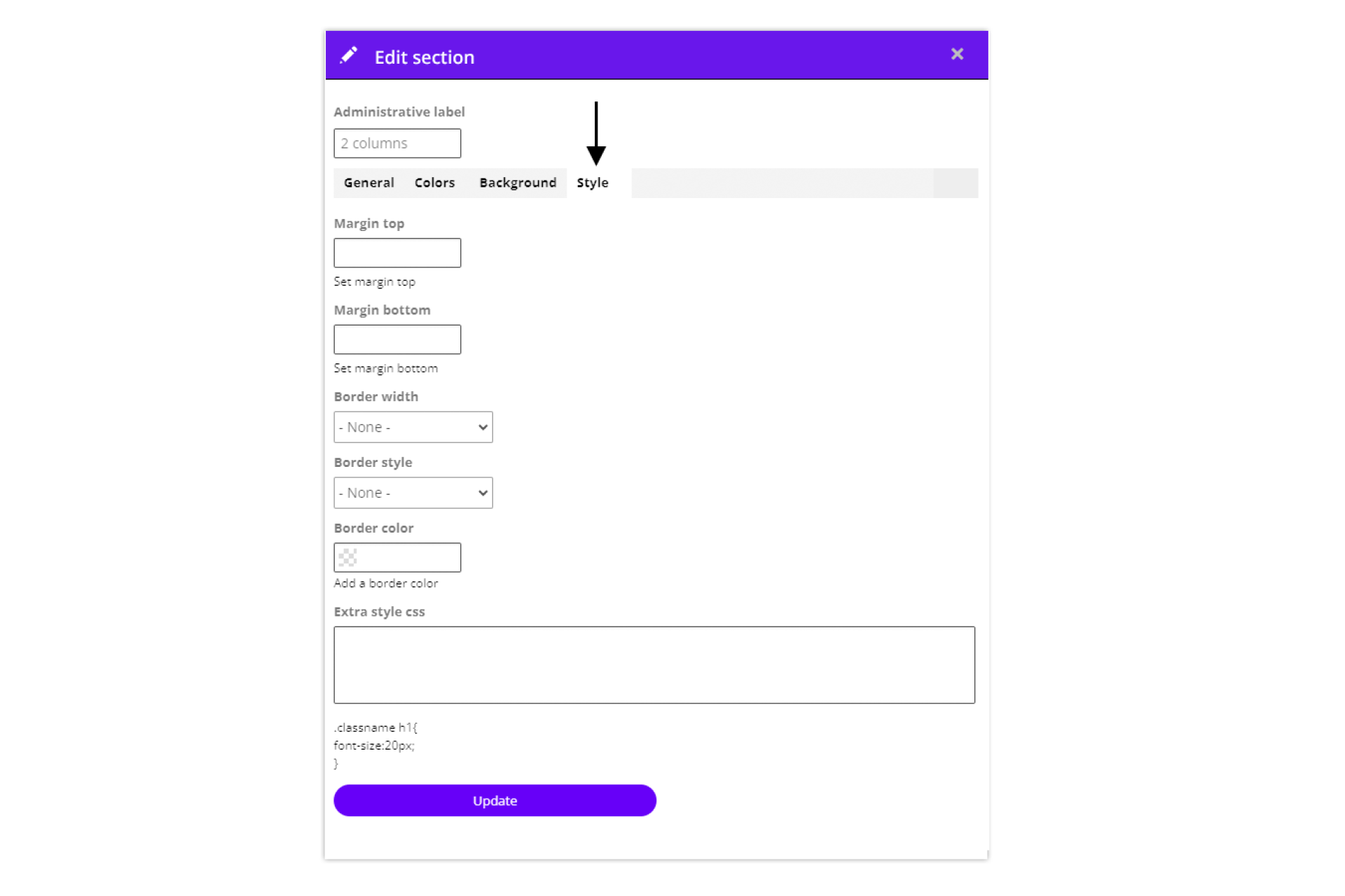 Section settings - tab Style
